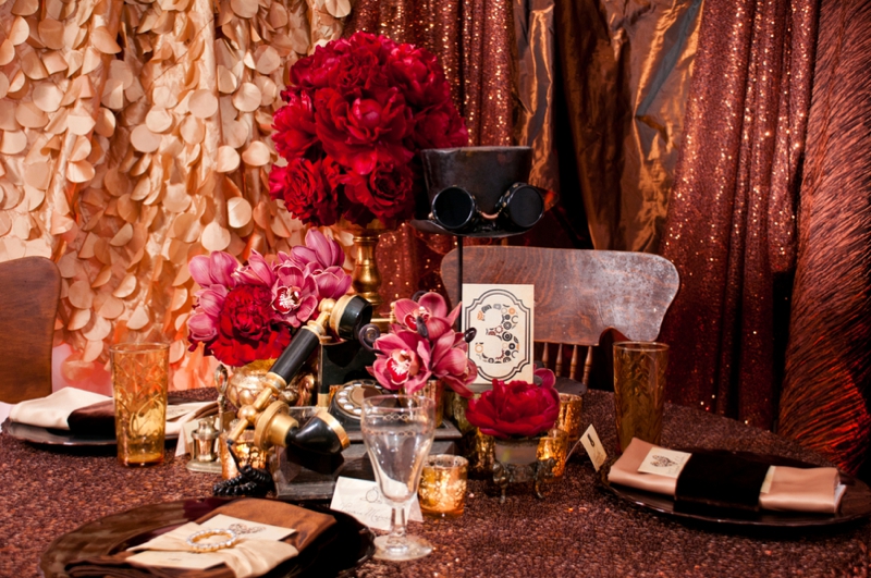 Steampunk Red and Copper Wedding Inspiration via TheELD.com