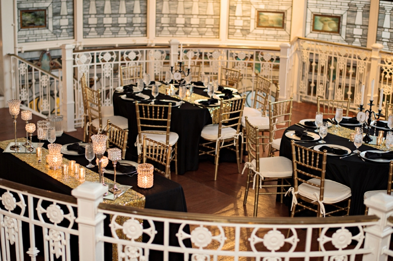 black white and gold wedding reception