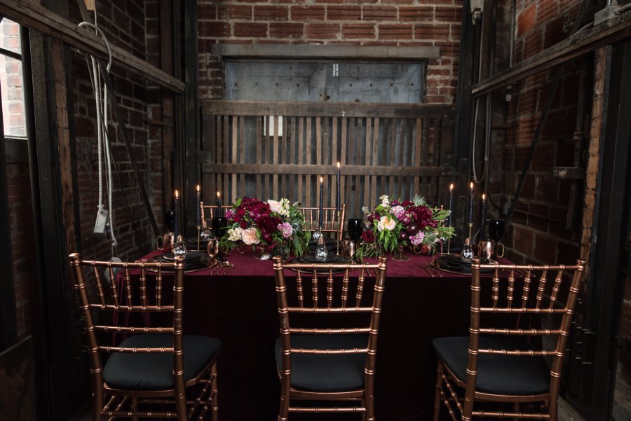 Moody Burgundy & Black Industrial Wedding Ideas via TheELD.com