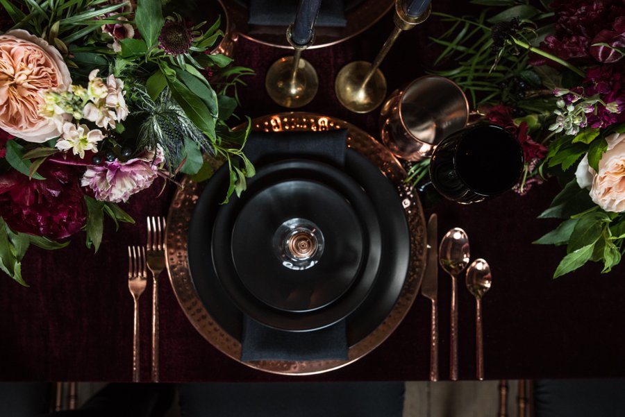 Moody Burgundy & Black Industrial Wedding Ideas via TheELD.com