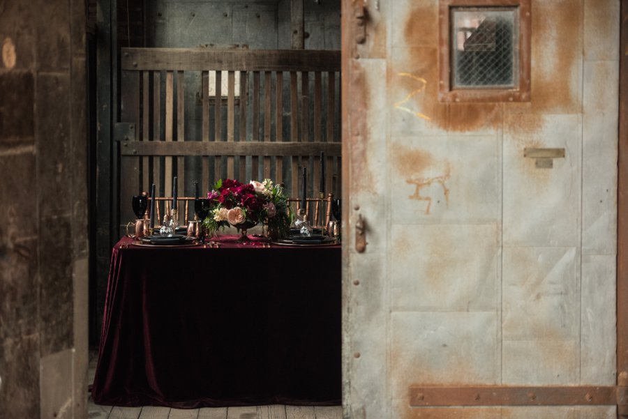 Moody Burgundy & Black Industrial Wedding Ideas via TheELD.com