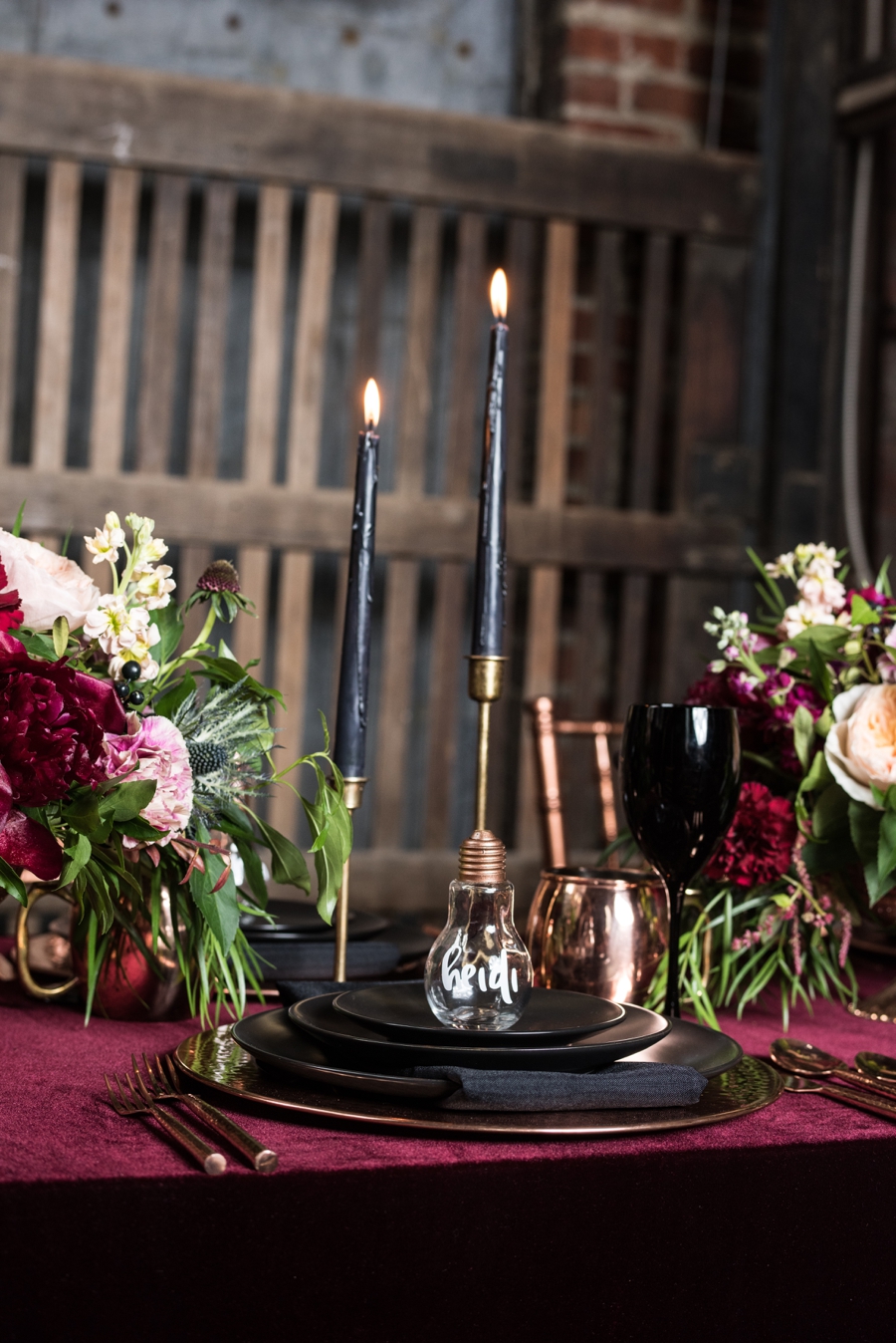 Moody Burgundy & Black Industrial Wedding Ideas via TheELD.com