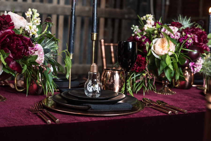 Moody Burgundy & Black Industrial Wedding Ideas via TheELD.com