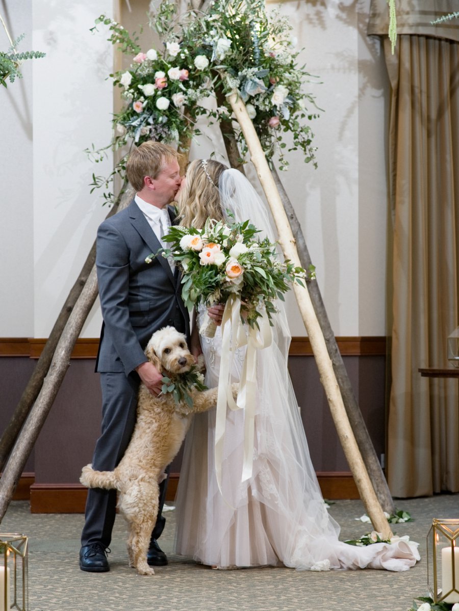 A Peach & Green Boho Ballroom Wedding via TheELD.com