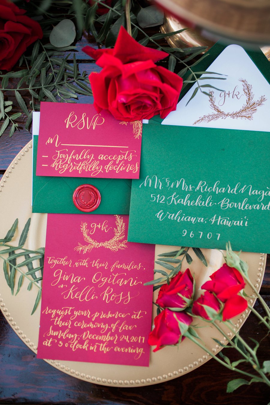 Red & Green Hawaiian Holiday Wedding Ideas via TheELD.com