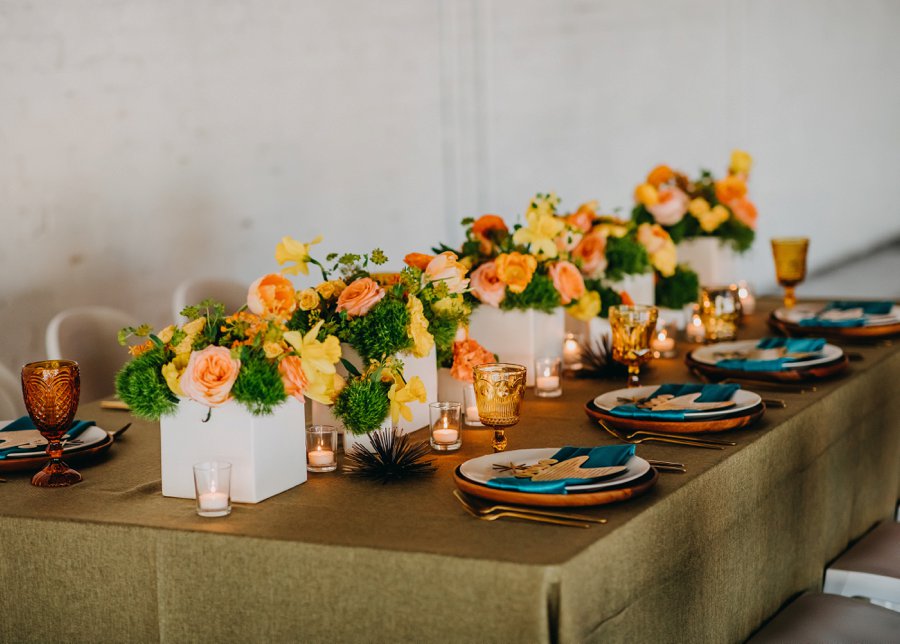 Mid Century Teal & Orange Wedding Ideas via TheELD.com