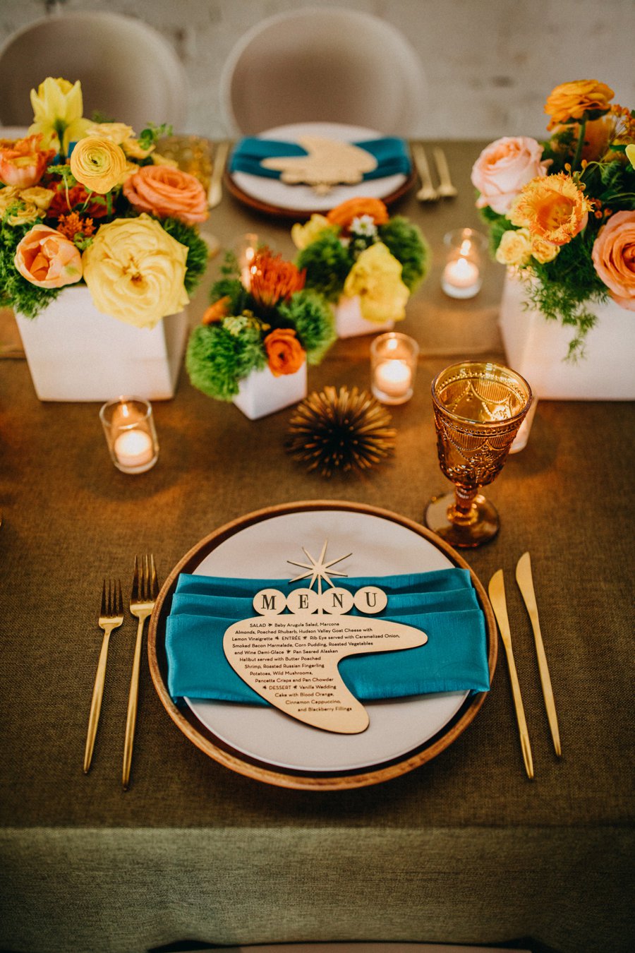 Mid Century Teal & Orange Wedding Ideas via TheELD.com