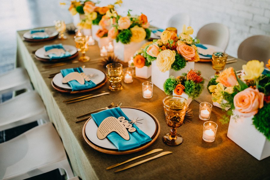 teal and orange wedding reception