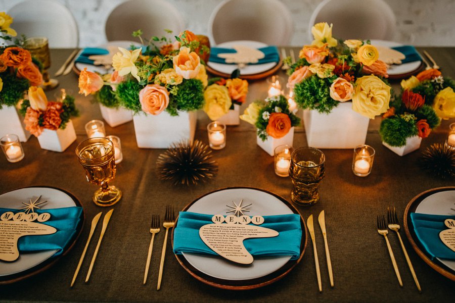 Mid Century Teal & Orange Wedding Ideas via TheELD.com