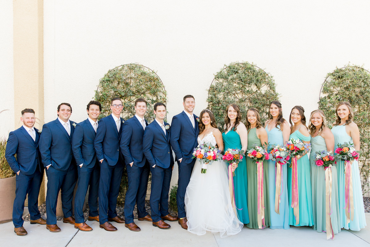 blue groomsmen suits aqua bridesmaid dresses